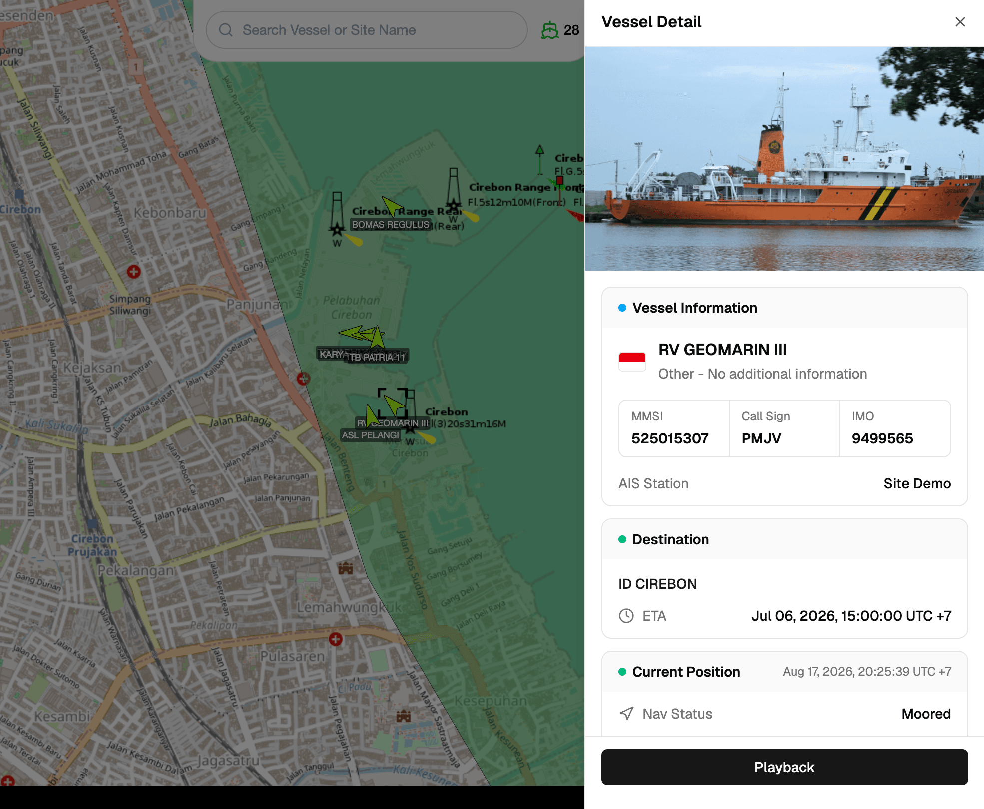Tampilan Vessel Monitoring System Integrasea untuk pemantauan kapal berbasis AIS