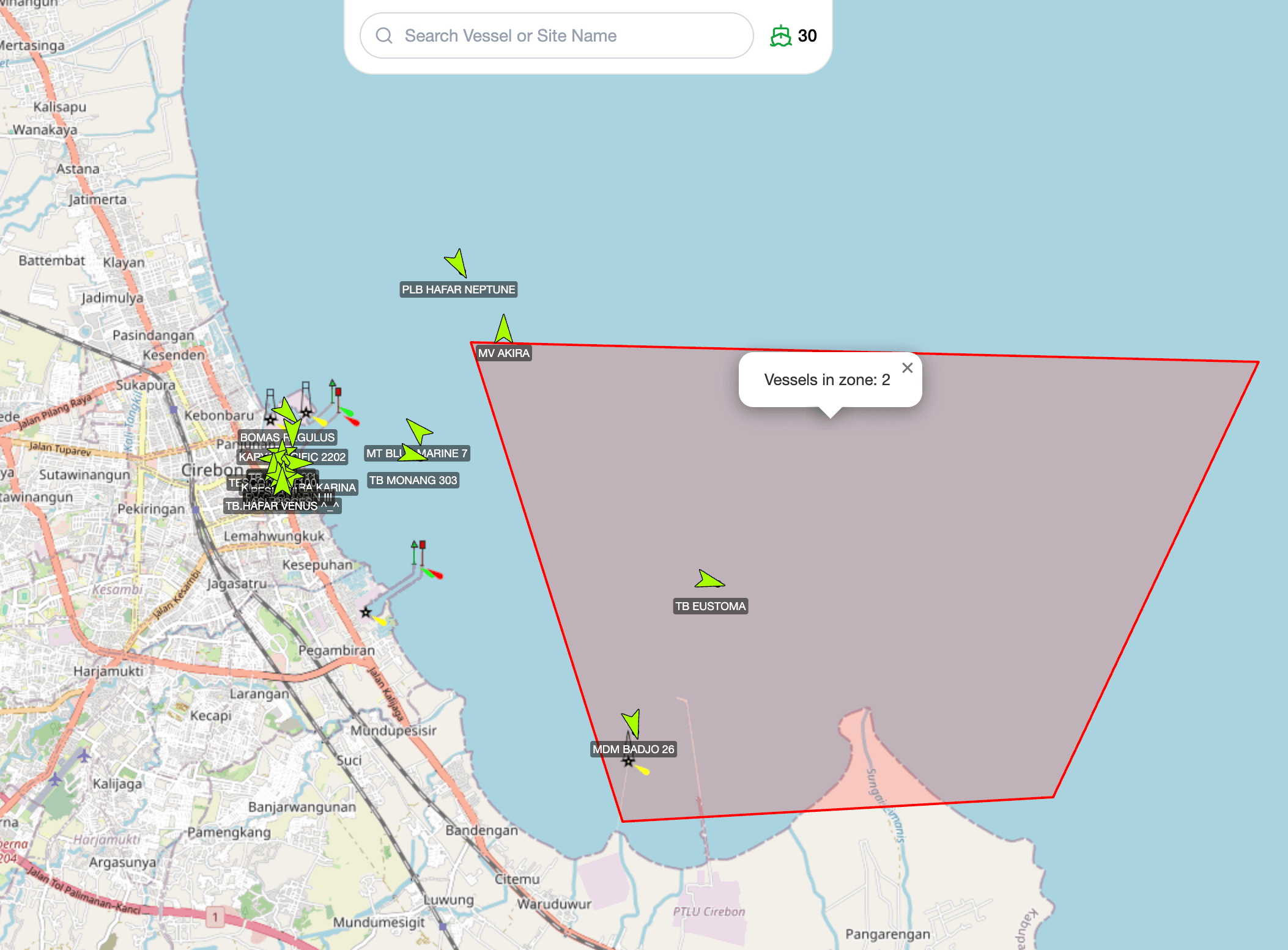 Tampilan Guardzone Integrasea untuk monitoring kapal yang masuk dan keluar area