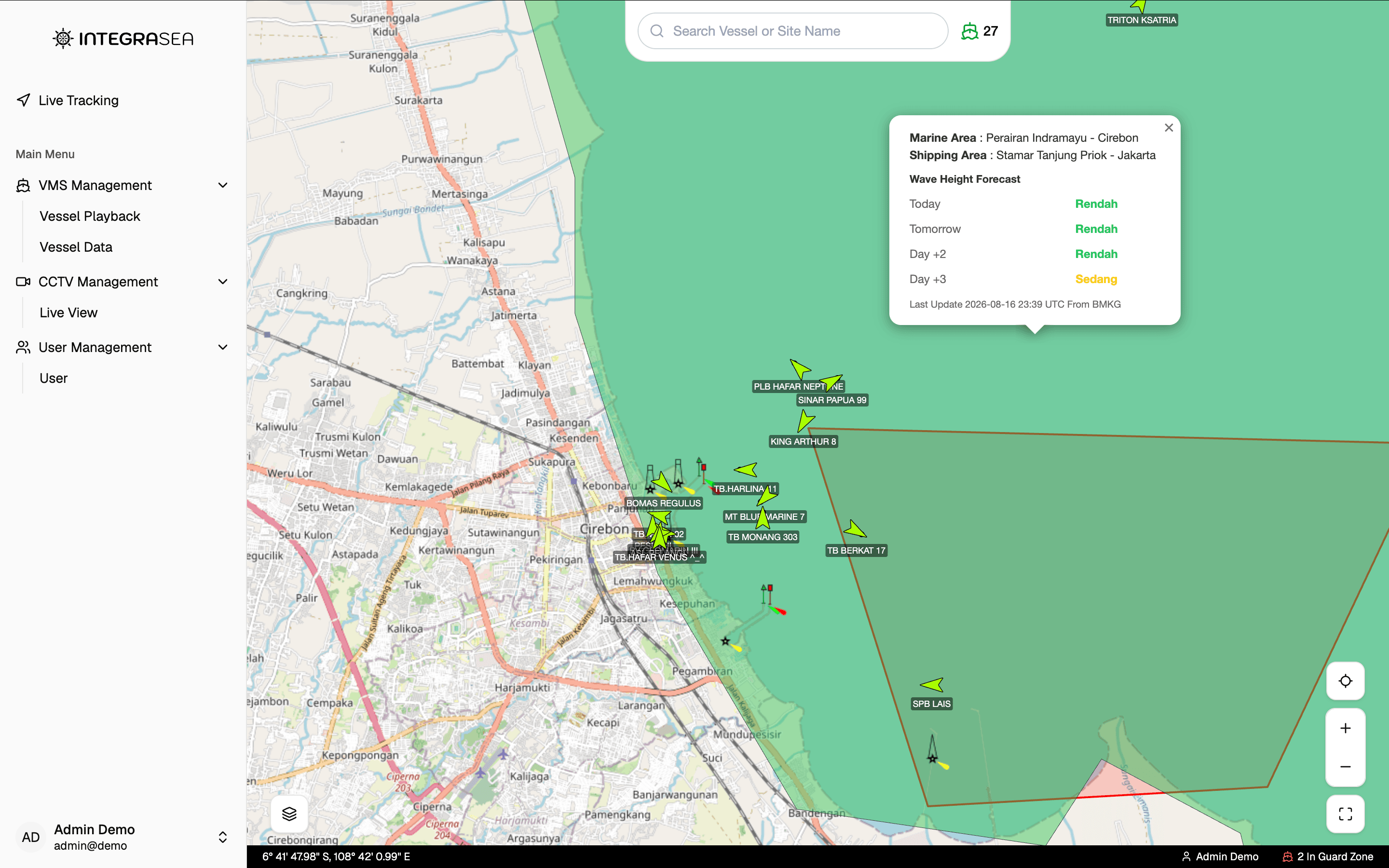 Dashboard Vessel Monitoring System Integrasea untuk monitoring kapal dan area perairan